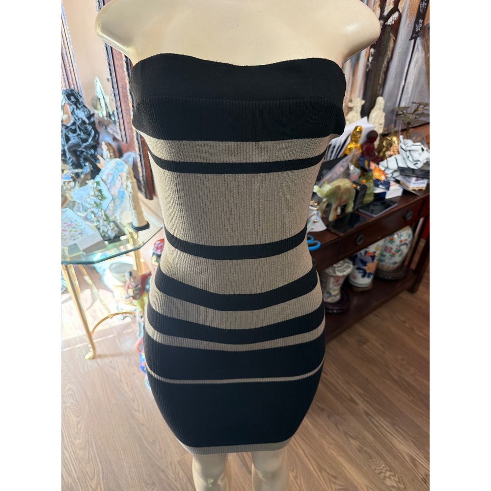 Fashion Nova Tan Black Striped‎ Ribbed Knit Bodycon Strapless Mini Tube Dress